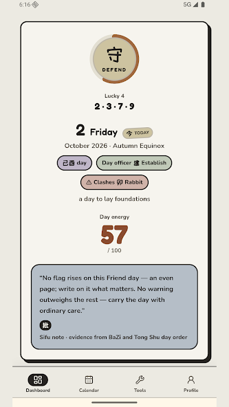 Bazi Luck Android app showing the daily almanac and its Dashboard, Calendar, Tools and Profile navigation